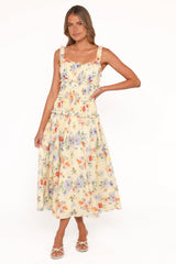 Enola Gather Midi Dress - Yellow Floral