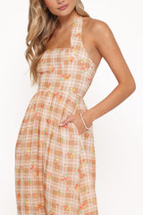 Gemini Halterneck Maxi Dress - Yellow Floral Gingham