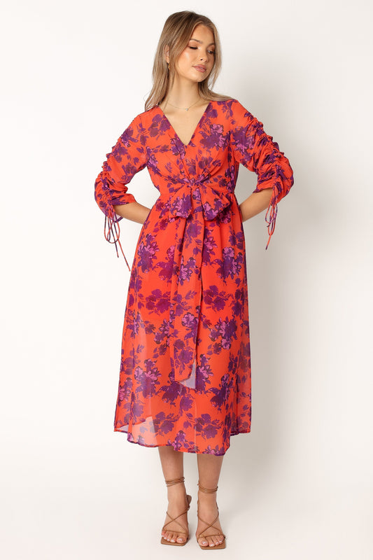 Hallie Midi Floral Dress - Red Wine