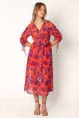Hallie Midi Floral Dress - Red Wine