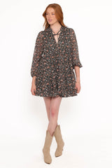 Jinny Long Sleeve Mini Dress - Dark Green/Multi