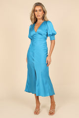 Juniper Puff Sleeve Buttoned Midi Dress - Blue