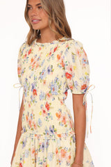 Kaelyn Gather Mini Dress - Yellow Floral