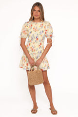 Kaelyn Gather Mini Dress - Yellow Floral