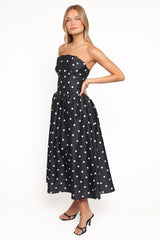 Kimbra Strapless Midi Dress - Black Polka Dot