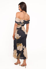 Koda Off Shoulder Midi Dress - Black Floral