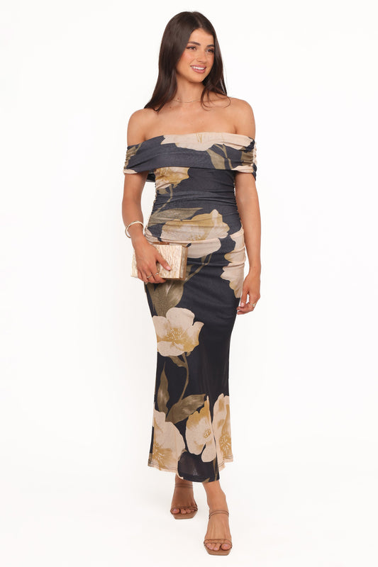 Koda Off Shoulder Midi Dress - Black Floral