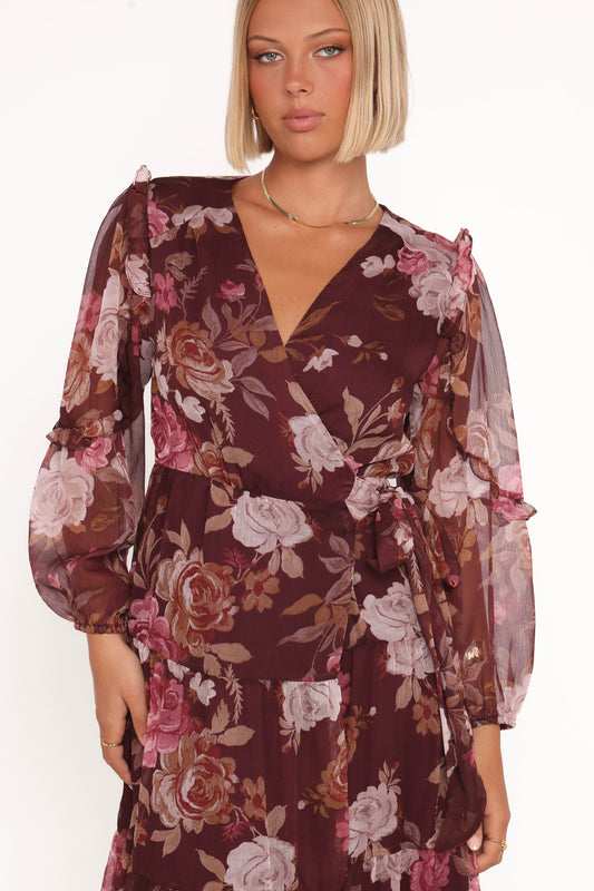 Korina Long Sleeve Maxi Dress - Burgundy Brandy Bloom