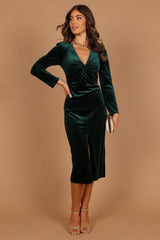 Lisse Twist Front Long Sleeve Velvet Midi Dress - Emerald