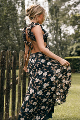 Lucah Frill Shoulder Maxi Dress - Black Floral