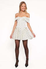 Marlie Off Shoulder Mini Dress - Cream Polka Dot