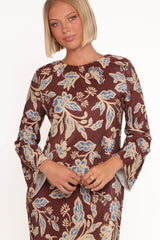 Morena Long Sleeve Midi Dress - Brown Floral