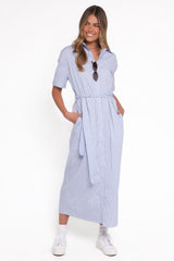 Morrison Short Sleeve Shirt Dress - Blue Brown Stripe