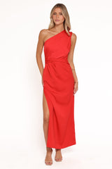 Nadia One Shoulder Maxi Dress - Red Jacquard Satin