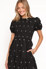 Naura Shirred Tiered Midi Dress - Black Bow
