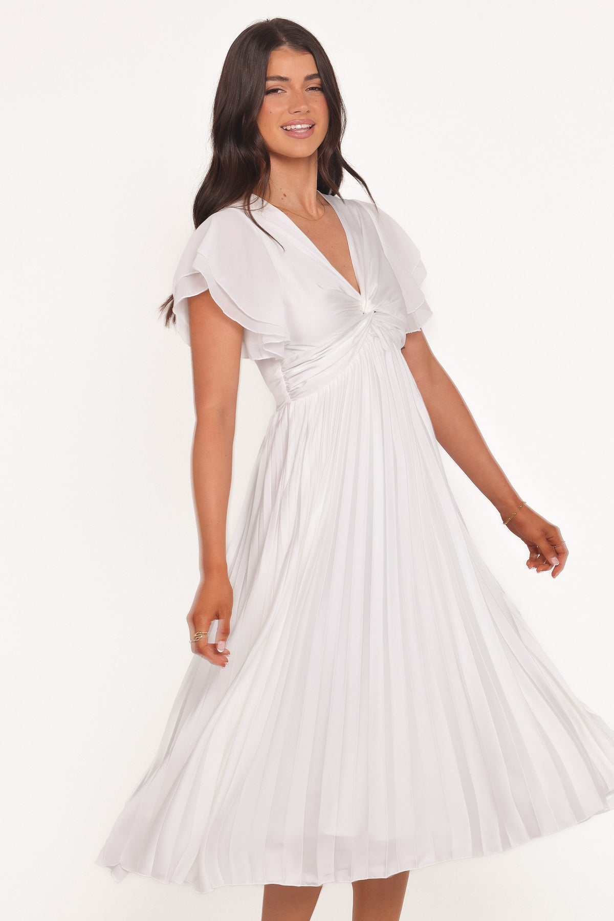 Nova Flutter Sleeve Midi Dress - White