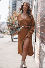 Nova Wrap Knit Midi Dress - Camel