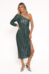 Pontee One Shoulder Pleated Midi Dress - Green