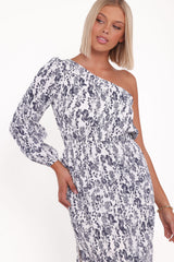 Pontee One Shoulder Pleated Midi Dress - Navy Floral