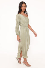 Pontee One Shoulder Pleated Midi Dress - Sage Green