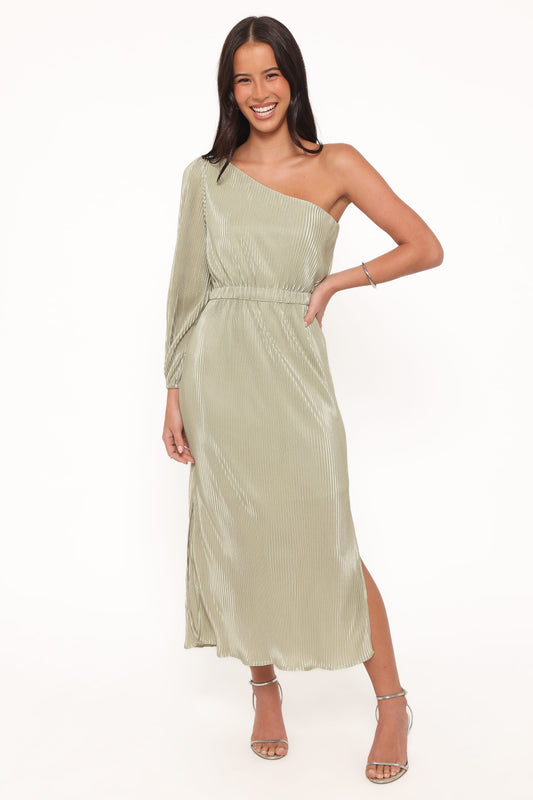 Pontee One Shoulder Pleated Midi Dress - Sage Green