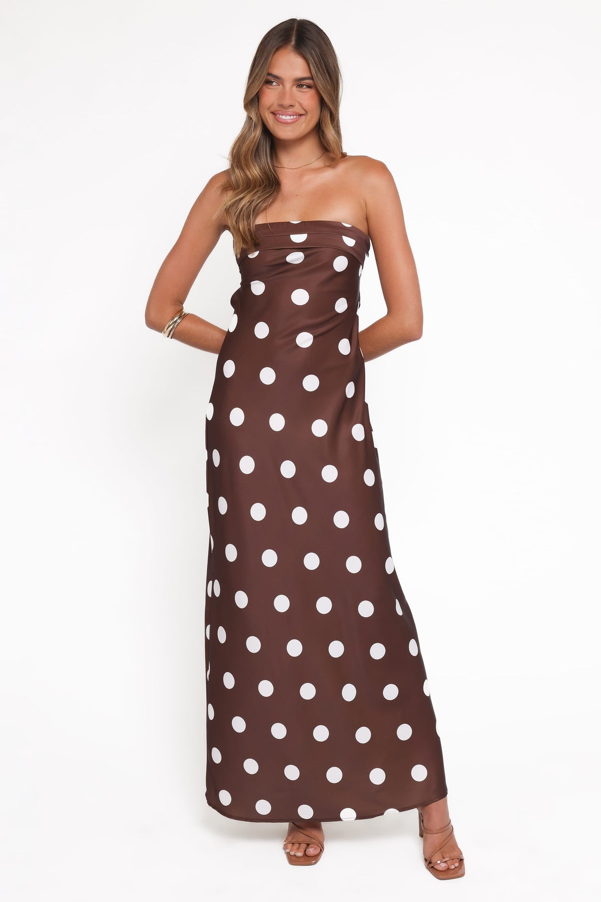 Remmie Strapless Maxi Dress - Brown Polka Dot