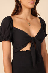 Rosie Shirred Tie Front Mini Dress - Black