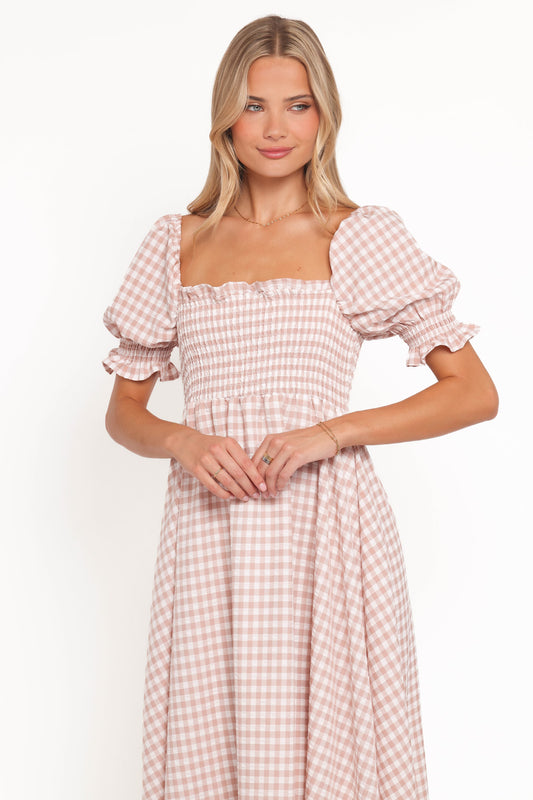 Siun Short Sleeve Midi Dress - Brown Gingham