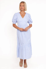 Steele Puff Sleeve Midi Dress - Blue Stripe