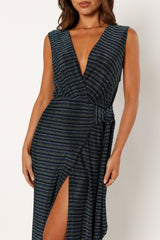 Tahlia Wrap Midi Dress - Blue Gold Stripe