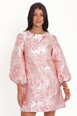 Treloar Long Sleeve Mini Dress - Pink Brocade