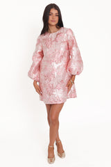 Treloar Long Sleeve Mini Dress - Pink Brocade