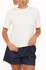 Emilie Short Sleeve Ruffle Crew Sweater - Cream
