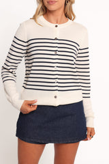 Gavi Button Front Striped Cardigan - Off White/Navy