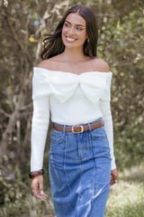 Helene Bow Off Shoulder Knit Sweater - Ivory