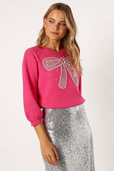 June Embellished Bow Knit Sweater - Hot Pink