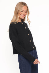Loulani Heart Button Cardigan - Black