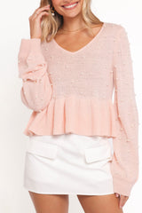 Molly Pearl Peplum Knit Sweater - Light Pink