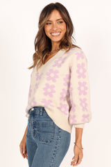Remi Vneck Flower Knit Sweater - Lilac