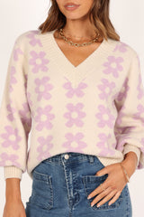Remi Vneck Flower Knit Sweater - Lilac