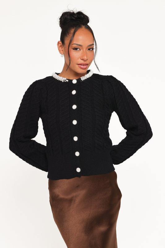Sheena Rhinestone Collar Holiday Cardigan - Black