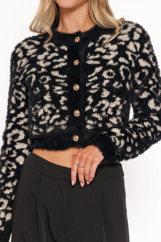 Tyra Animal Print Faux Mohair Cardigan - Black