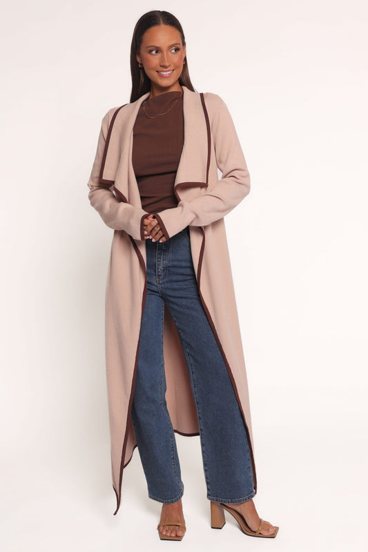 Vallis Contrast Trim Long Cardigan - Beige