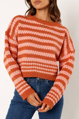 Yasmin Striped Crewneck Knit Sweater - Orange Pink