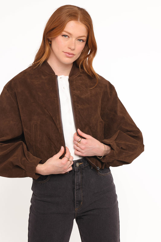 Goldie Faux Suede Bomber Jacket - Brown