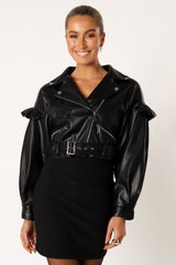Hanna Ruffle Sleeve Faux Leather Jacket - Black