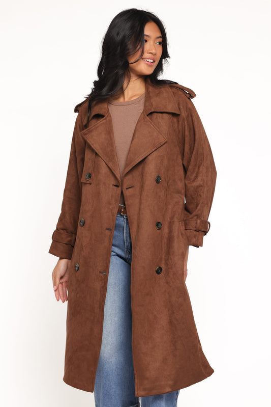 Micha Faux Suede Trench Coat - Brown