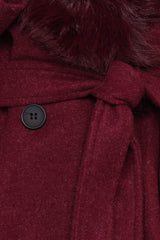 Nina Fur Collar Tie Waist Coat - Burgundy