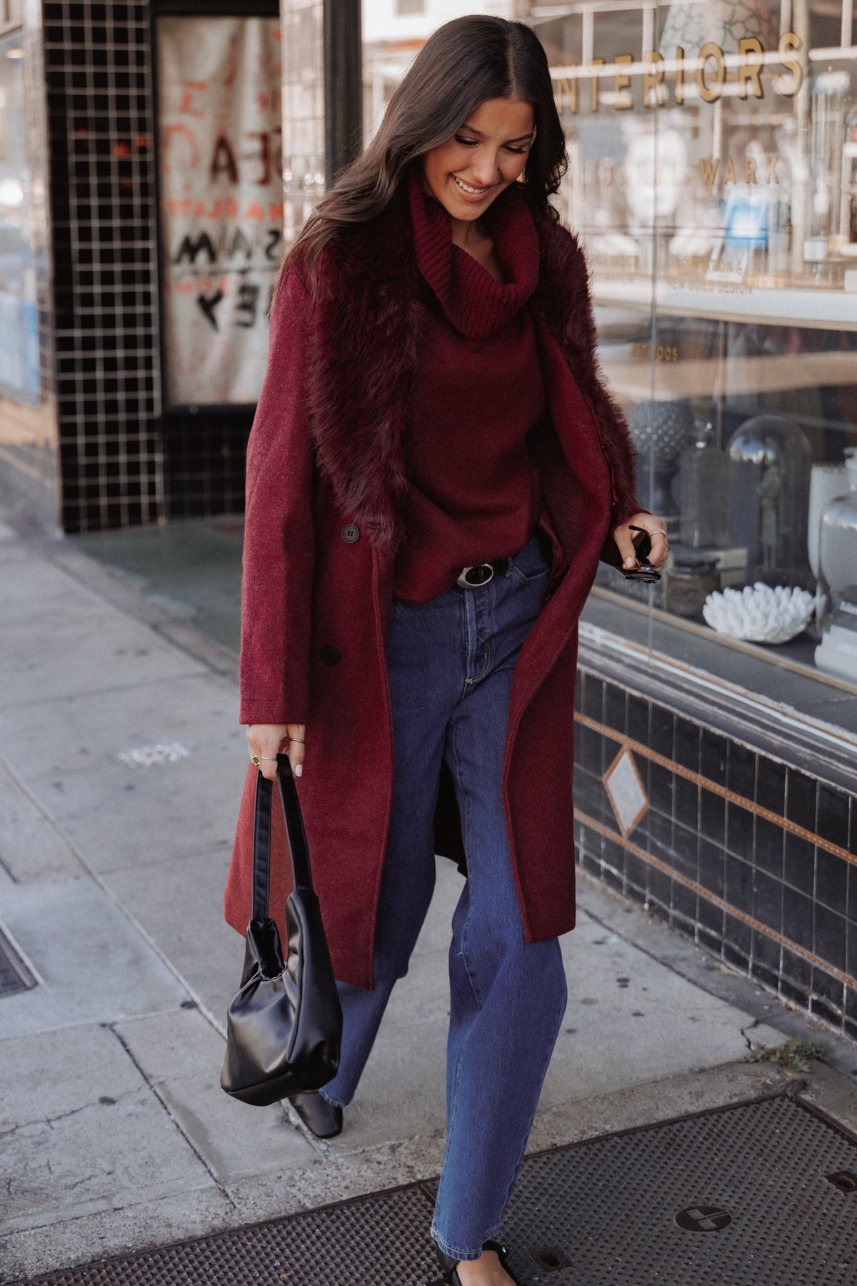 Nina Fur Collar Tie Waist Coat - Burgundy