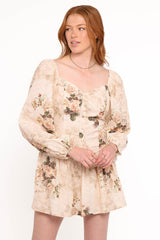 Greta Long Sleeve Romper - Beige Floral